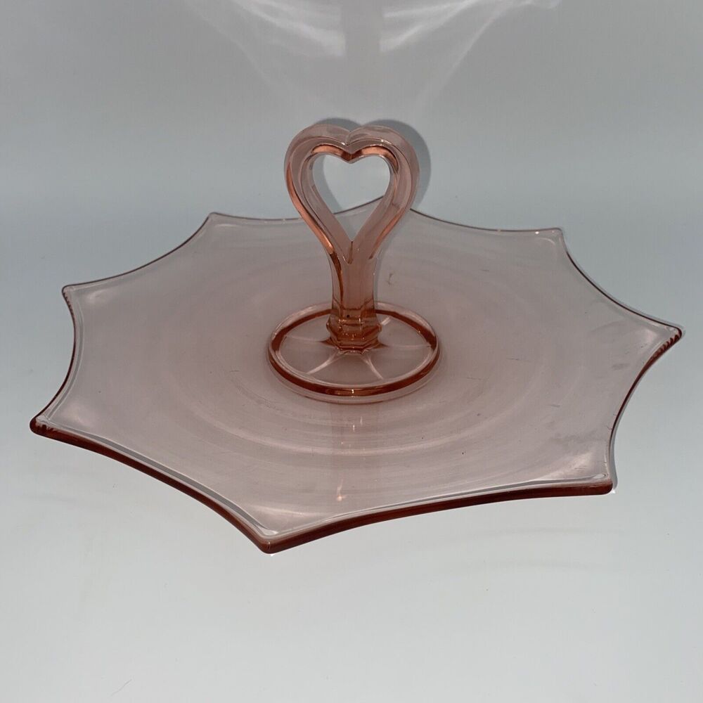 vtg Pink Glass Tidbit Tray Heart Handle Art Deco Serving Dish Plate love